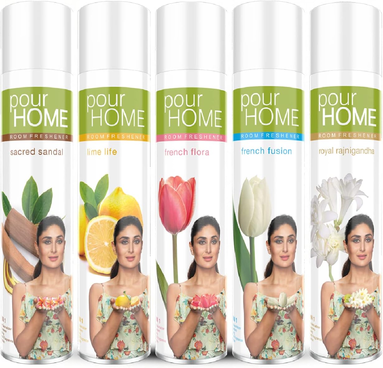 POUR HOME Sandal, Lime,Flora,Fusion,Rajnigandh Room Air Freshener Spray -220ML Each (Combo of 5) | Long-Lasting Fragrance - Reduces Odours - Suitable for Home & Office