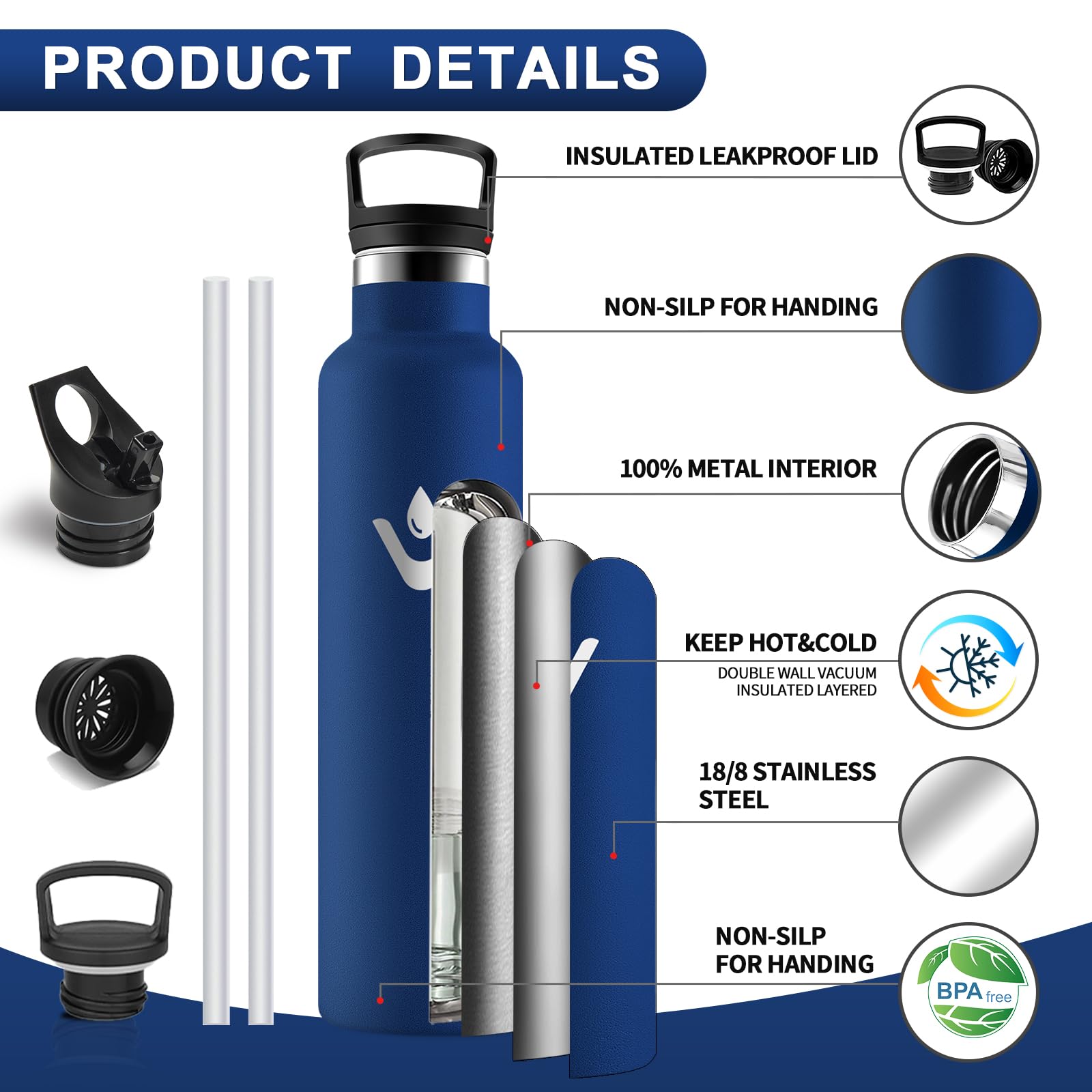 HoneyHolly Borraccia Termica 1 Litro, Senza BPA, Borraccia Termica, Sottovuoto a Doppia Parete, Bottiglia Termica, 18/8 Acciaio Inox, Borracce Termiche, con Cannuccia, Termos per Palestra, Sport, Bici