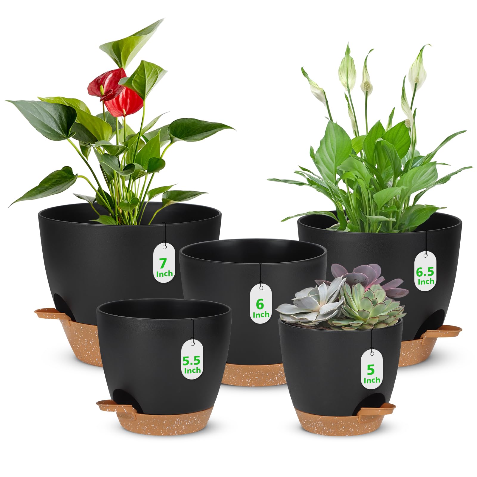 Self Watering Planter Set, 5Pack Small Plastic Plant Pots with Drainage Holes and Saucers, Modern 7+6.5+6+5.5+5 INCH Flower Pots Set for Indoor Outdoor Plants - Black