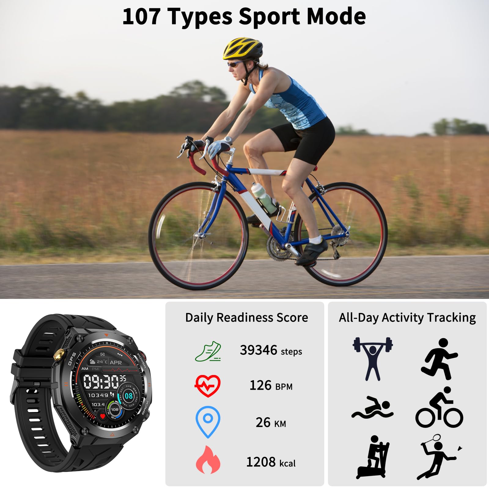 Smart Watch militare con GPS, pressione/altitudine/bussola, robusto smartwatch da uomo con batteria extra large da 650 mAh, rispondere/effettuare chiamate, oltre 100 modalità sport, fitness tracker in