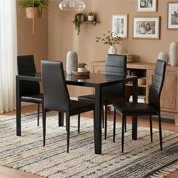 IANIYA Dining Room & Kitchen Table - Square Glass Table with 4 Black Chairs