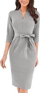 GRACE KARIN Damen Cocktailkleid 3/4-Ärmel Elegantes Midi-Bodycon-Kleid V-Ausschnitt Slim Fit Bleistiftkleid mit Gürtel Hochzeitsgästekleider Alltagskleid