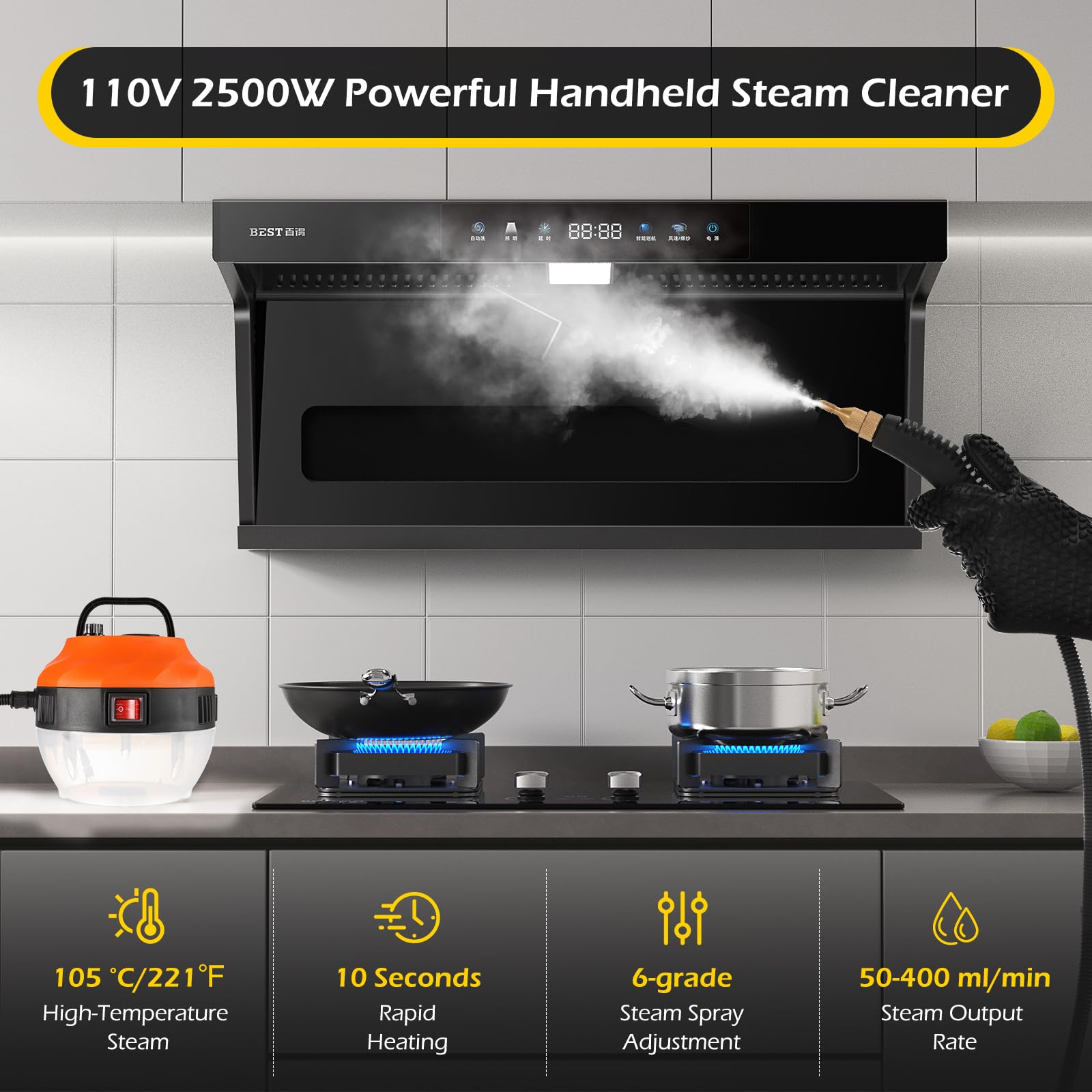 Dyna-Living Steam Cleaner 2500W Steamer for Cleaning with 1400ml Water Tank Steam Cleaner Handheld for Home Use, High-Pressure Steamer Cleaner for Car, Portable Car Steamer for Auto Detailing, Orange