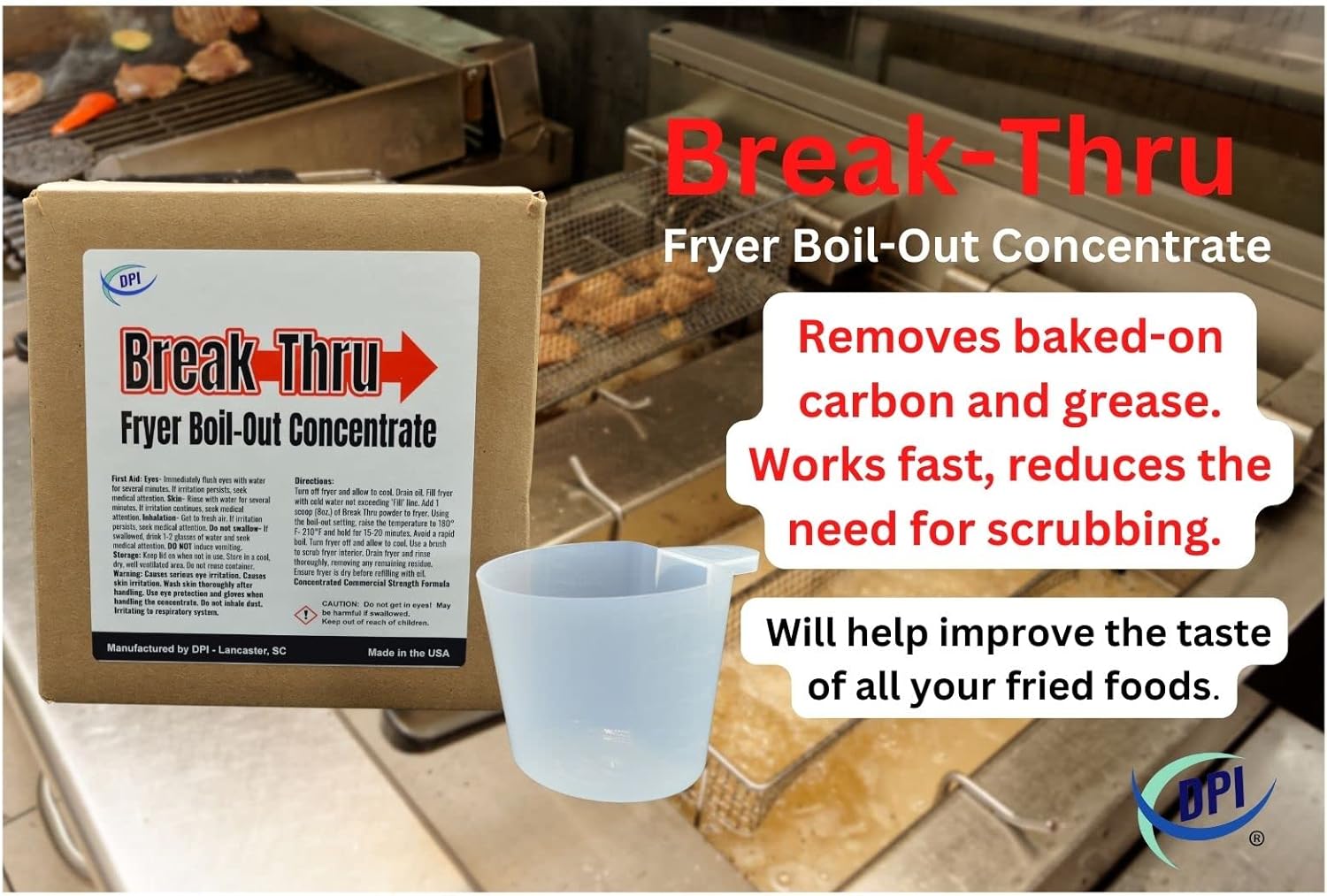 DPI Break-Thru Fryer Boil Out Cleaner, Powder Concentrate for Deep Fryers, Removes Grease and Carbon Deposits, Easy Use Scope Included, 26 Cleaning Cycles Per Box.