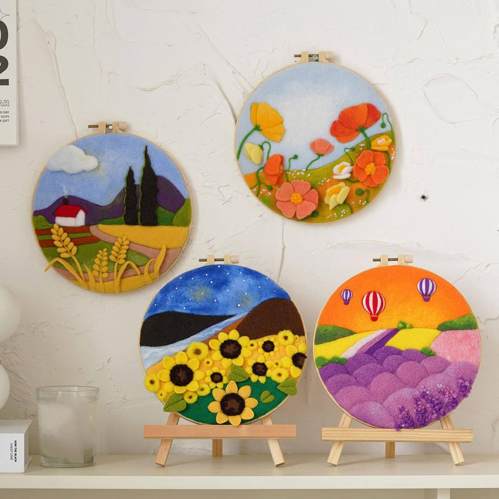 Kits de fieltro con aguja para principiantes, 2 juegos de kit de inicio de fieltro con aguja de lana para bricolaje, juego de fieltro con aguja con marco de fotos, aros de bordado con almohadilla(Colo