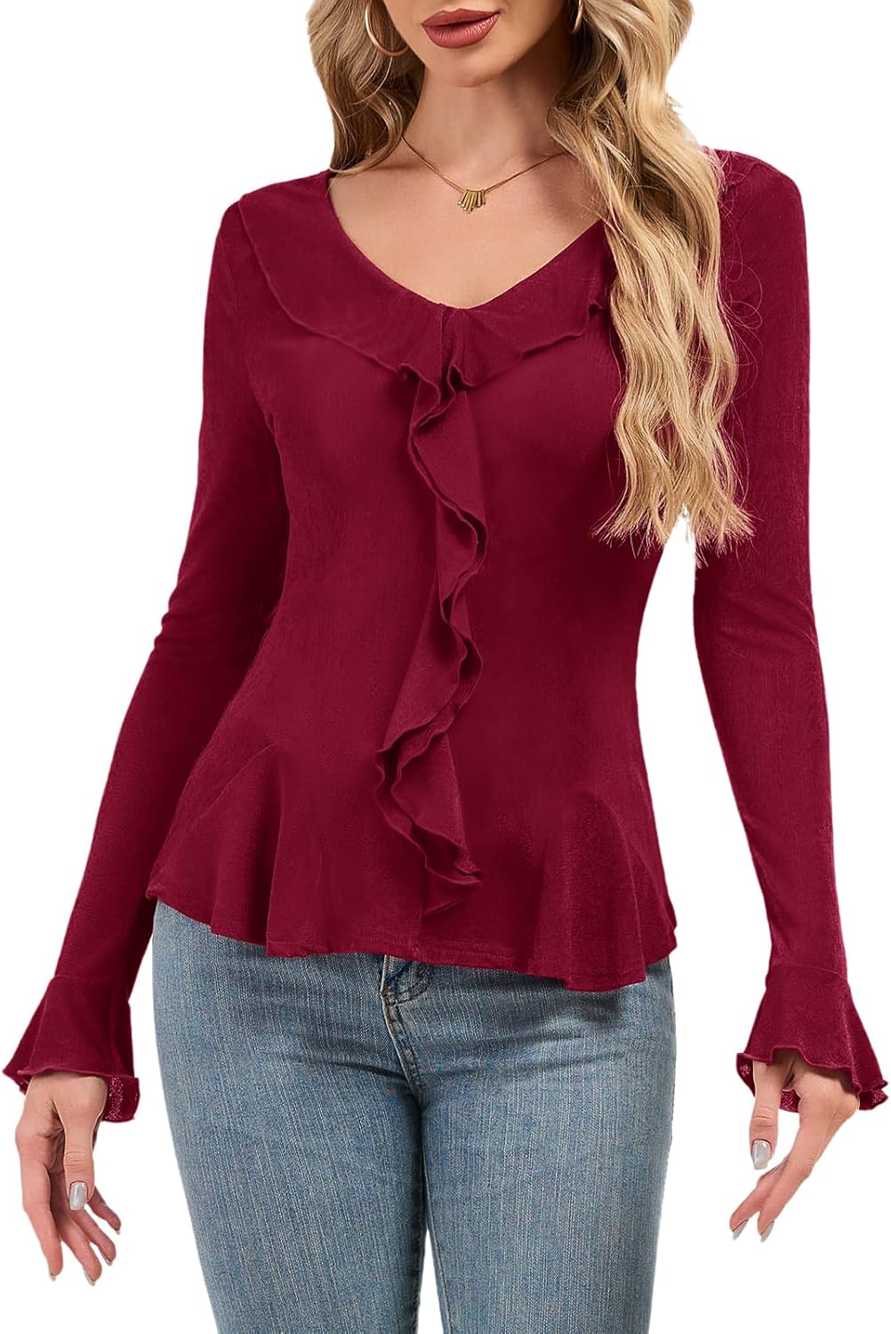 Meetjen Women's Long Sleeve Tops Slim Fit Wrap V Neck Ruffle 2026 Spring Trendy Casual Going Out Shirt Tee Blouses - Image 2