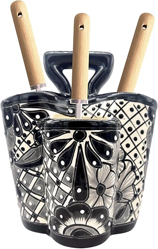 Soporte grande de cerámica en blanco y negro, organizador de cocina, recipiente para utensilios pintados a mano, cerámica mexicana, Porta Utensilios