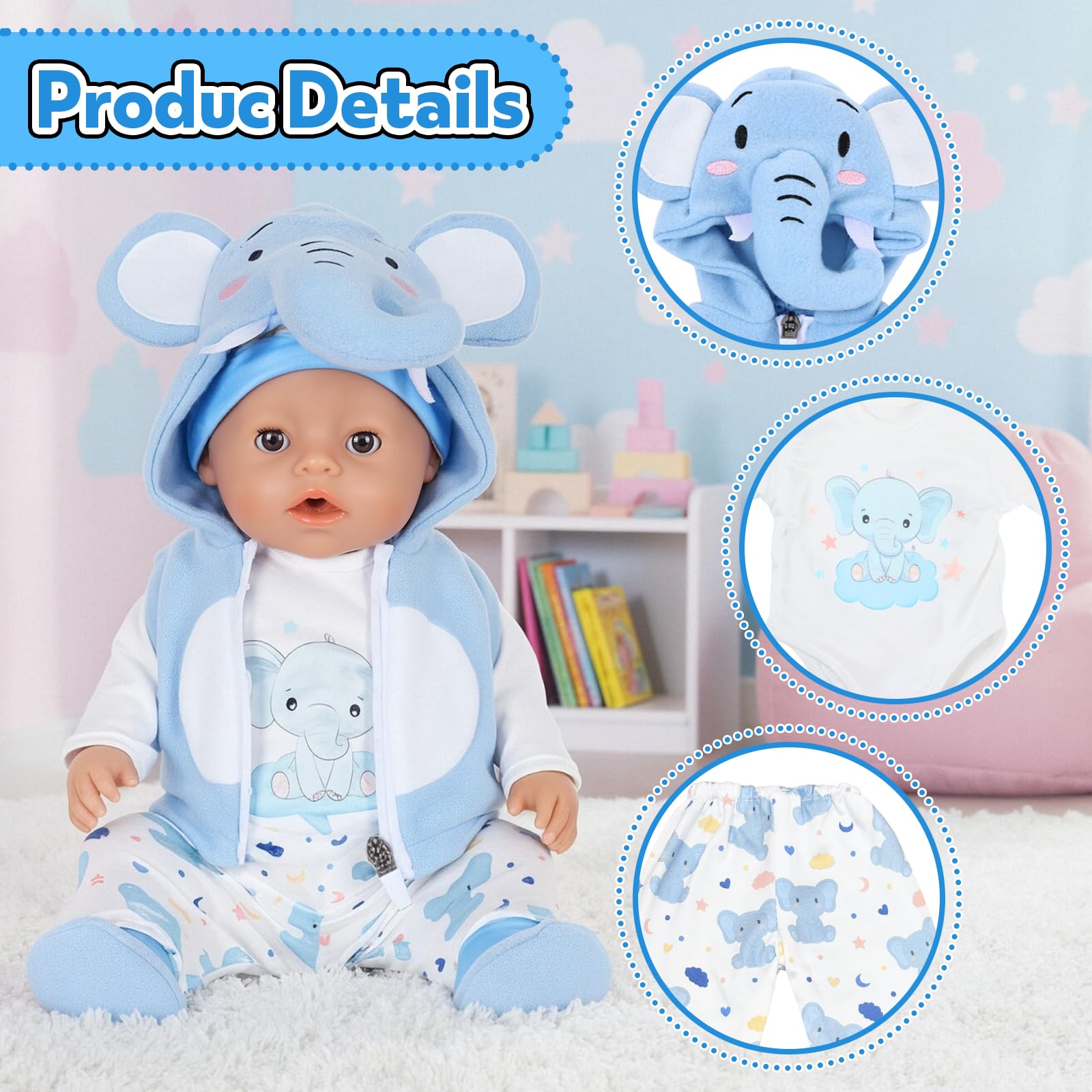 5-Pcs Blue Baby Doll Clothes for 14-17 Inch Dolls, Cute Elephant Baby Doll Outfit with Blue Jacket, Top, Pants, Hat + Socks - Image 3