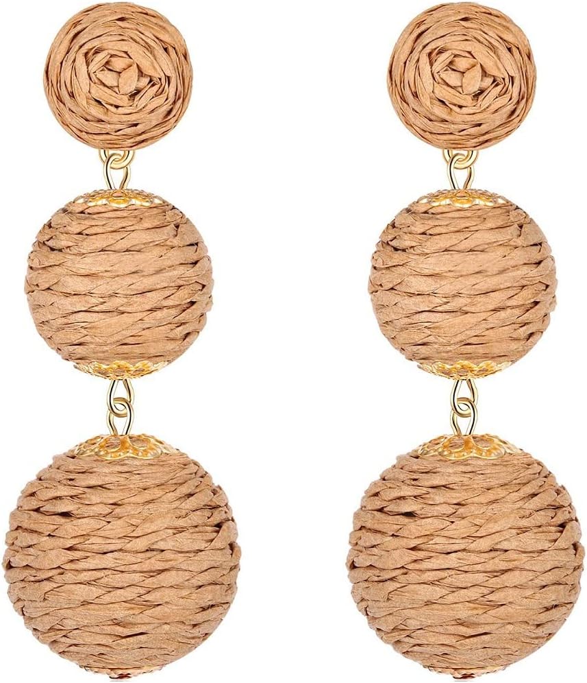 Boho Raffia Ball Long Earrings Multicolor Handmade Dangle Drop Earrings Bohemian Summer Beach Rattan Earrings image 2