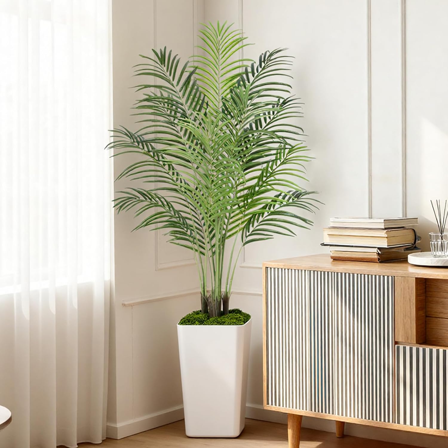 5ft Artificial Palm Tree with White Planter-Tall Artificial Indoor Plants, Fake Tropical Palm Tree, Faux Silk Plants for Home Office Living Room Bedroom Modern Decor - Image 2