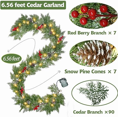 Miniatura 2 de Guirnalda de luces de Navidad preiluminadas, 40 LED, funciona con pilas, con temporizador, bayas rojas, piña, ciprés, pino, corona, decoraciones de