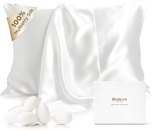 Bedsure 100% Pure Mulberry Silk Pillowcase for Hair and Skin, White Silk Pillow Case with Hidden Zipper, Cooling Pillow Cases Gifts for Women Girl,1pc,Standard Size,20x26 Inches