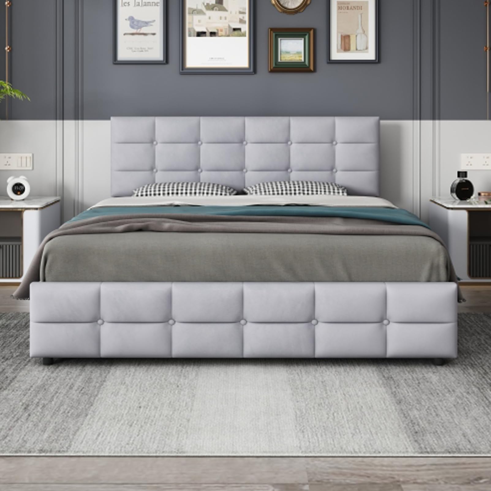 Letto Imbottito 180x200 Cm Con 4 Cassetti Letto Matrimoniale King Size Con Rete A Doghe E Schienale Letti Per Ragazzi Per Adulti Ragazzi Letto Contenitore Per Ospiti Per Camera Da Letto Grigio 1001
