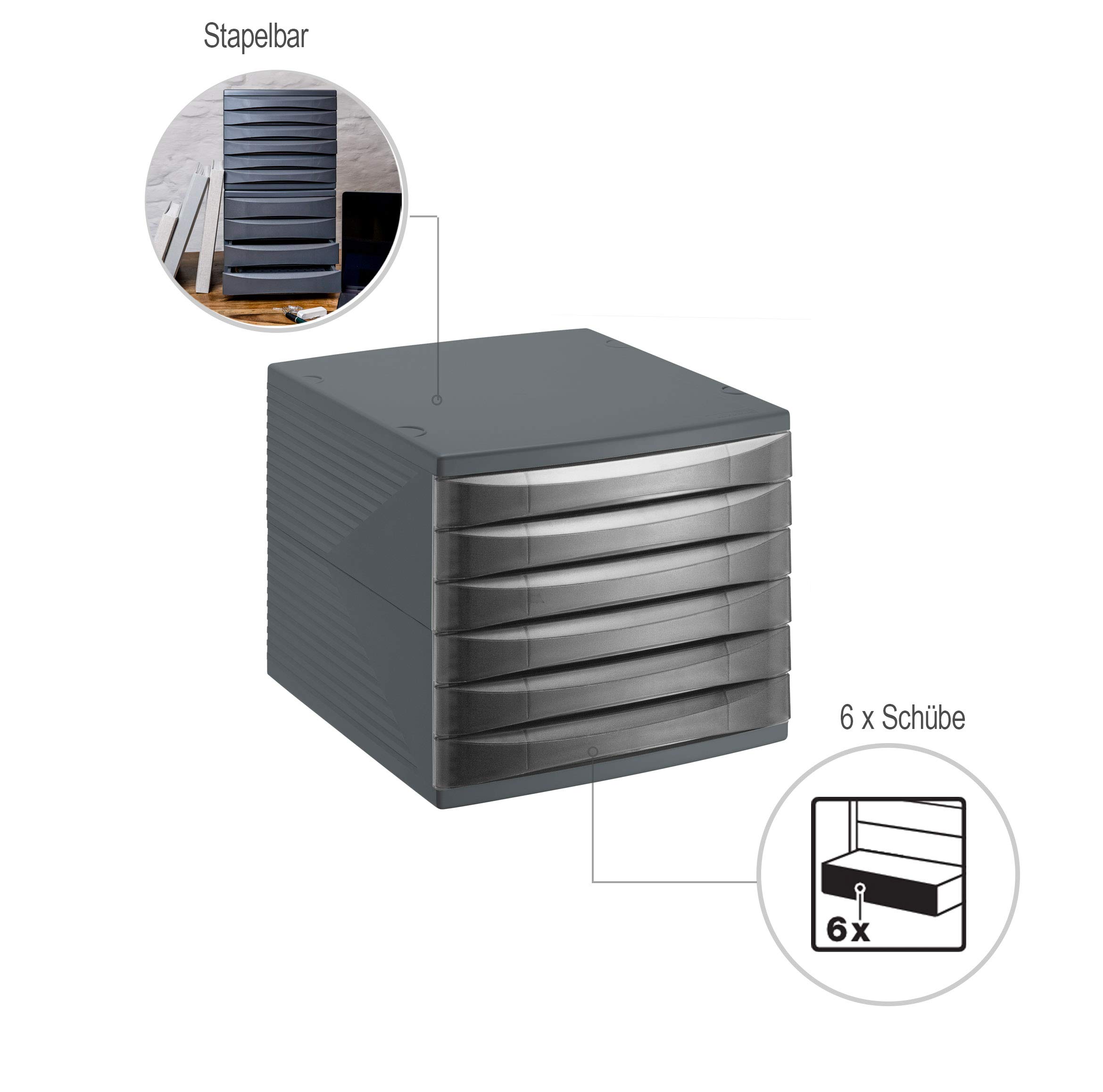 Rotho Quadra Boîte à tiroirs / boîte de bureau à 6 tiroirs, Plastique (PS) sans BPA, noir, (36.5 x 28.0 x 25.0 cm)