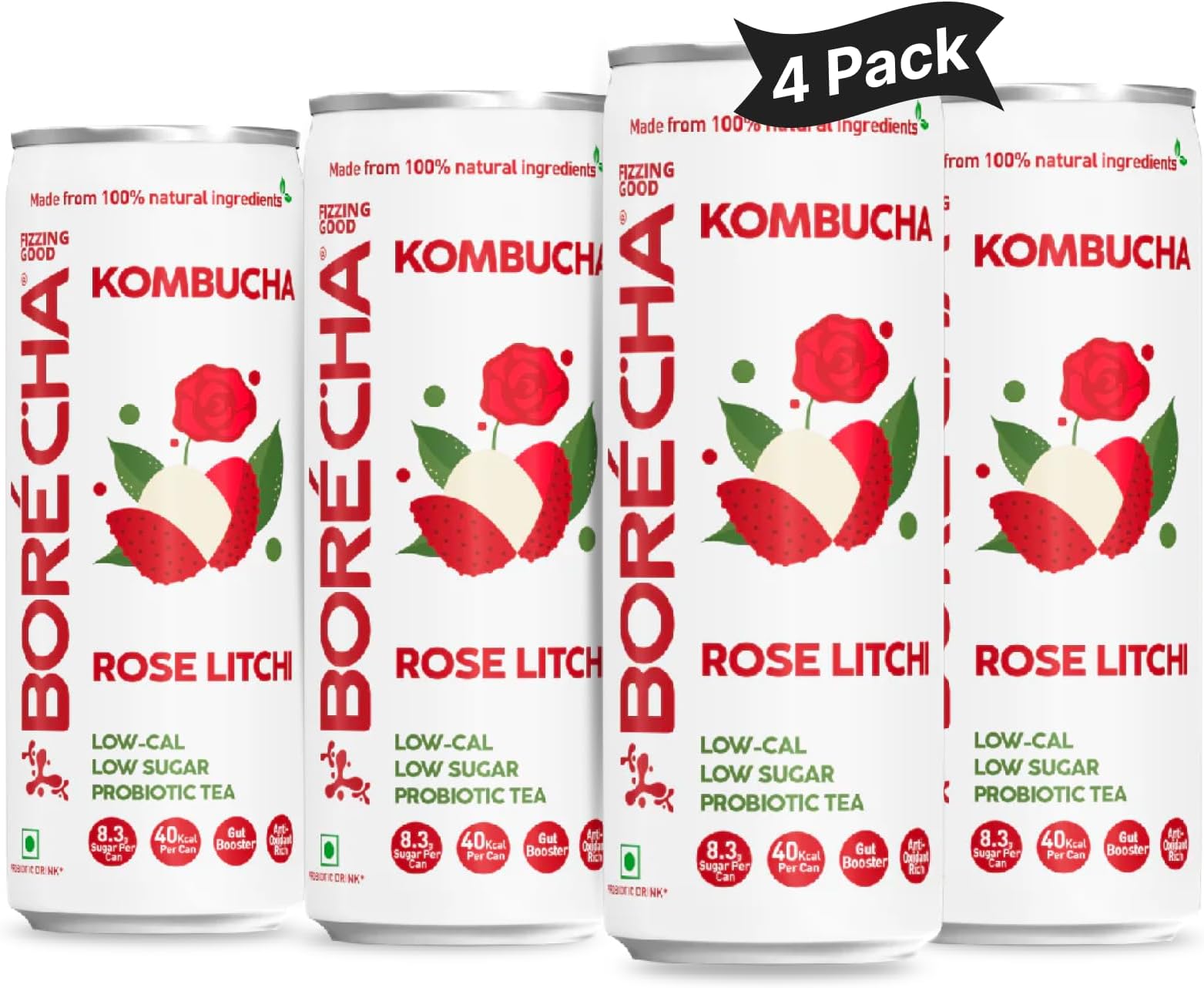 Borécha Kombucha Rose Litchi Prebiotic Drink | Cold Brewed Low Calorie Organic Fermented Tea | 100% Natural Non Alcoholic Kombucha Beverage 330ml (Pack of 4)
