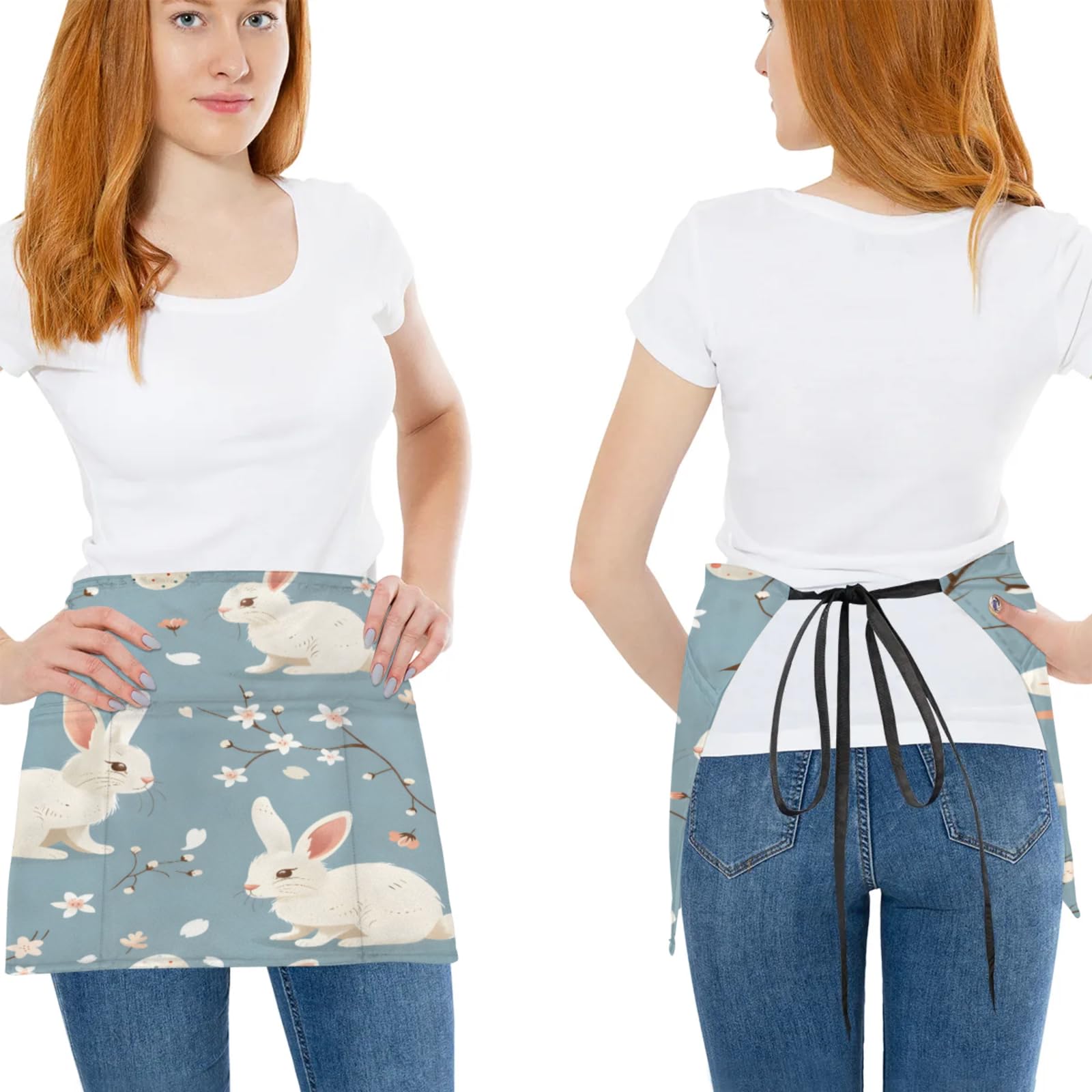 Watercolor Rabbit Flower Tree Branch Server Aprons with 3 Pockets Oil-proof Half Aprons Restaurant Bistro Cafe Bars Waitress Waiter Wasit Apron for Women Men 3 Pcs