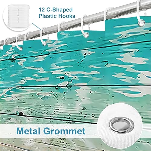 Vista 55 de Cortina de ducha de tortugas marinas, temática náutica de playa, verde y verde azulado, sin ganchos, punto gofre y forro desmontable, decoración