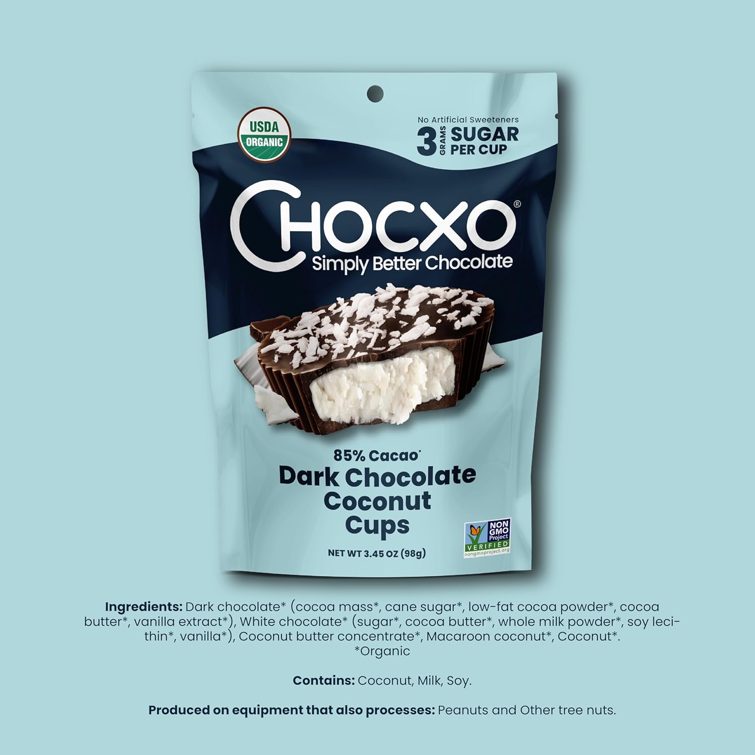 Chocxo Dark Chocolate Coconut Cups - Truly Indulgent, Low in Real Sugar, Organic, Non-GMO, Keto Certified, Certified Gluten Free and Kosher, No Artificial Sweeteners or Sugar Alcohols, Decadent 85%