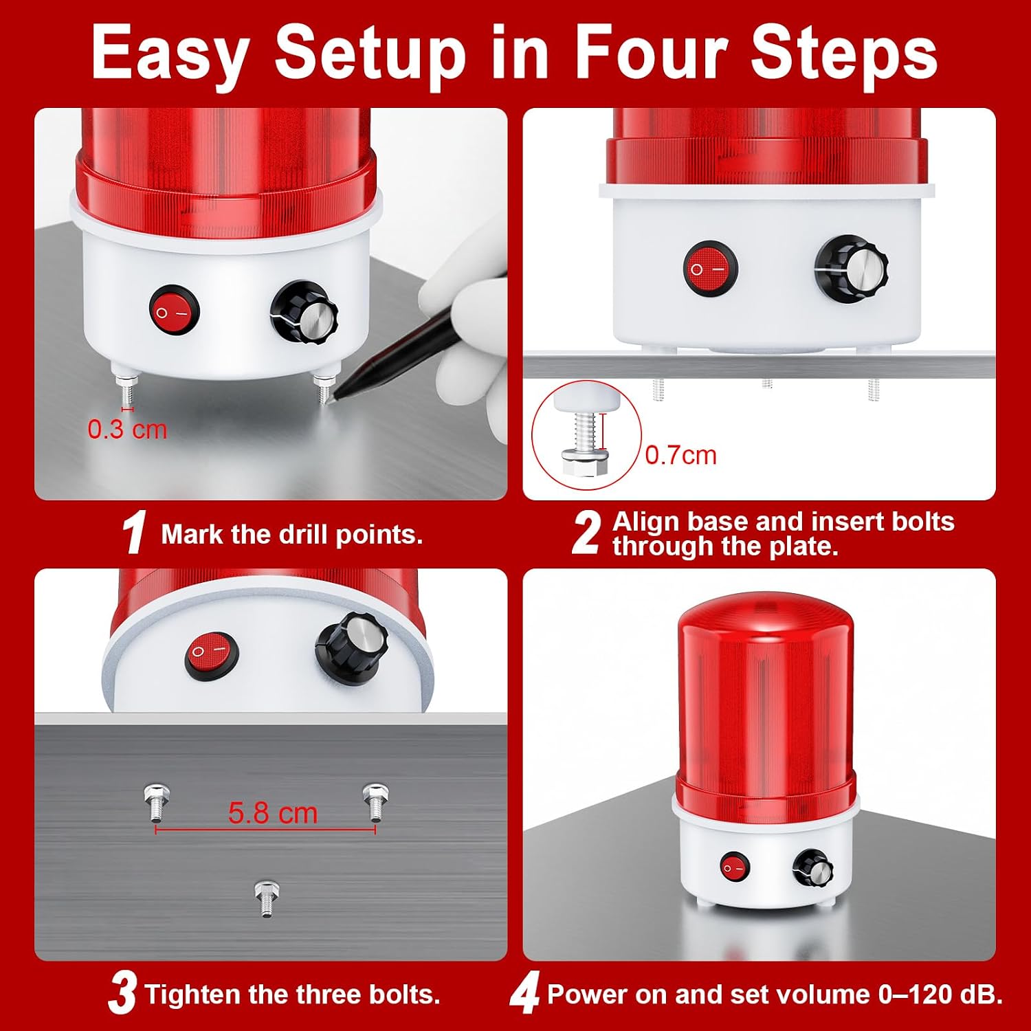 Industrial LED Rotating Warning Siren Light, Red 0–120 dB with Buzzer, 100–240V AC Wide Voltage, 4W ABS IP65 Waterproof Strobe, Bolt Mount Alarm Sign Light for Traffic, Construction, Factory (RED)
