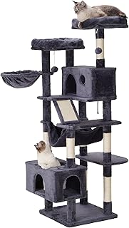 Hey-brother Cat Tree, XL Cozy Cat Tower, 69 Inch Tall Cat Condo with Hammock, Basket, Scratching Posts, 2 Large Cat Caves, 2 Plush Perches, Stable Cat Activity Center, Smoky Gray MPJ033G