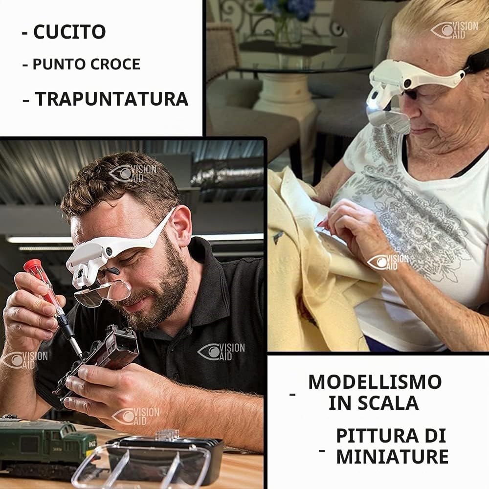 VISION AID Lenti d'Ingrandimento con Luce LED 5 Lenti Archetto Custodia Lente d'ingrandimento illuminata a mani libere per artigianato hobby Ricamo Pittura Miniatura Modellismo lavori di precisione