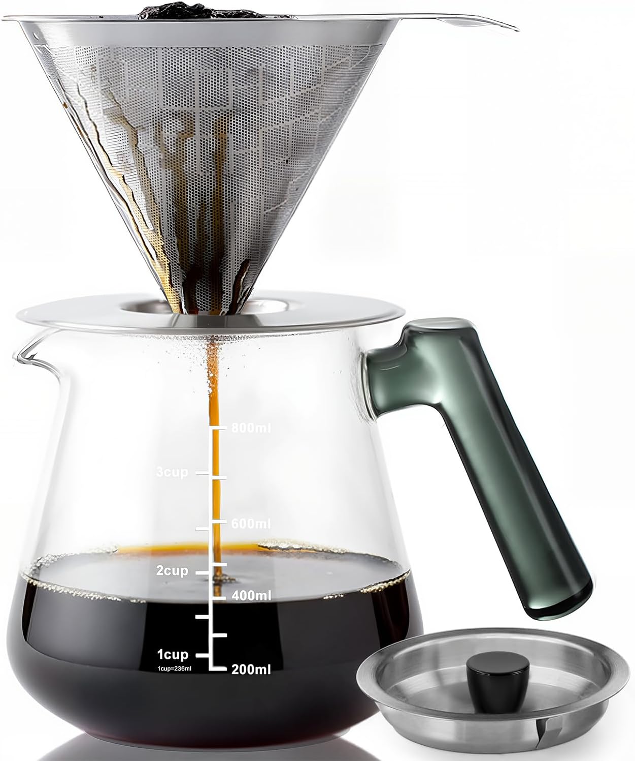 Aquach Pour Over Coffee Maker with Stainless Steel Filter & Borosilicate Glass Carafe - 28oz Drip Coffee Pot for Rich Flavor, Easy Cleanup & Dishwasher Safe Components, Ideal for Daily Use