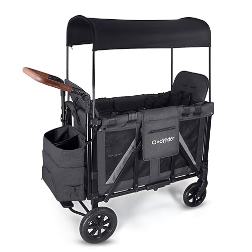 Elite - Cochecito de 2 plazas para niños, cochecito plegable con asientos y toldo extraíbles, arnés de seguridad de 5 puntos, mango ajustable, gris