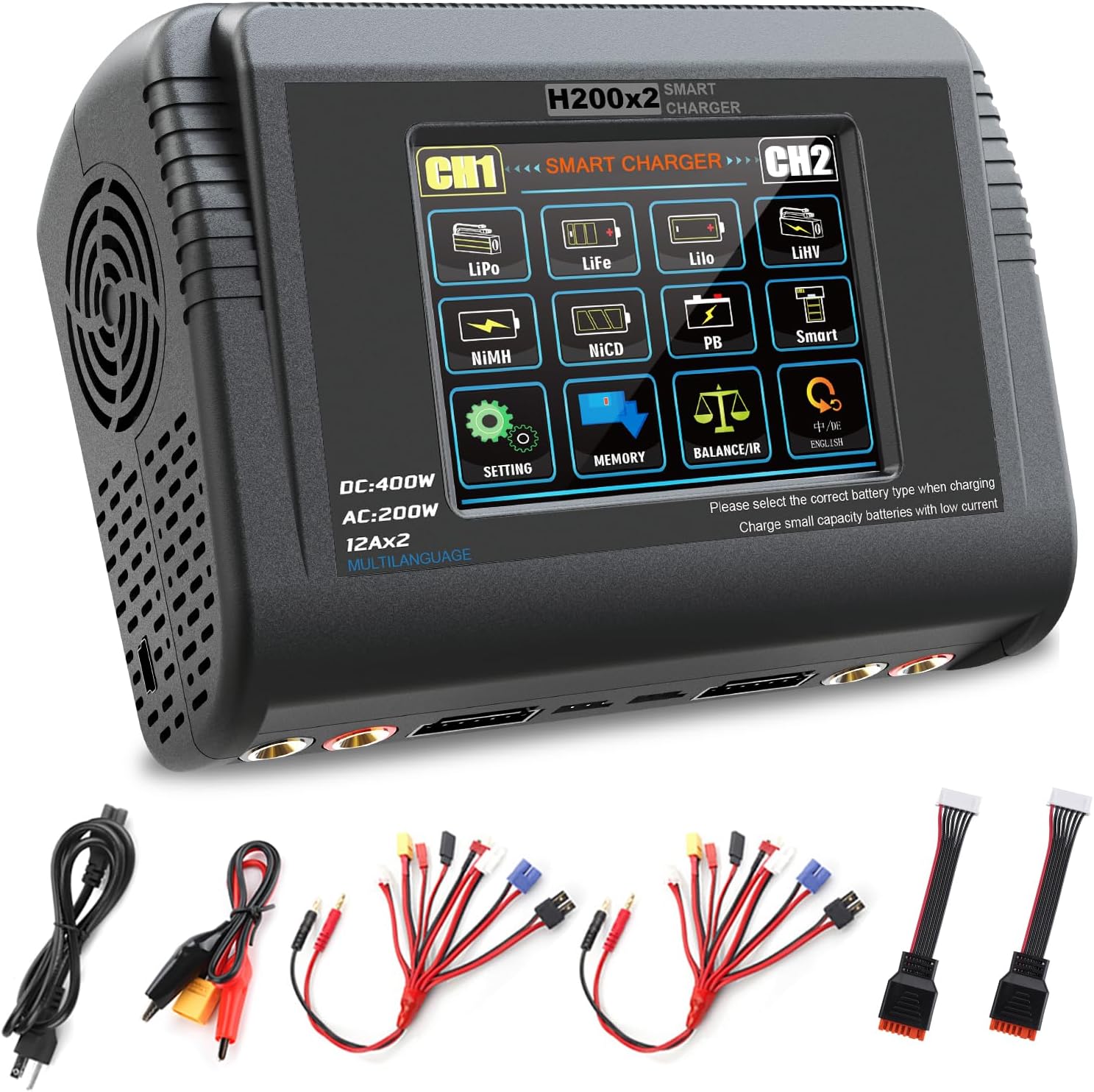 Dual LiPo Charger Touch Screen Battery Charger Discharger AC200W DC400W 12A Fast Balance Battery Charger for 1-6S Li-ion Li-Fe LiHV 1-15S NiCD NiMH PB Smart Batteries RC Car Drone