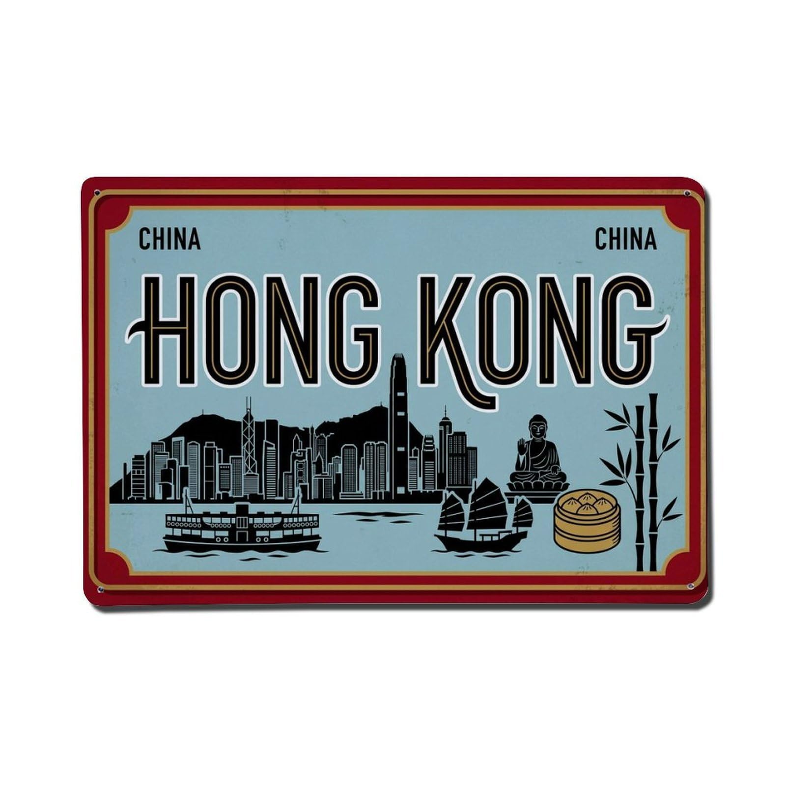 Xanthor Style Vintage Travel Hong Kong China Skyline Junk Metal Tin Sign