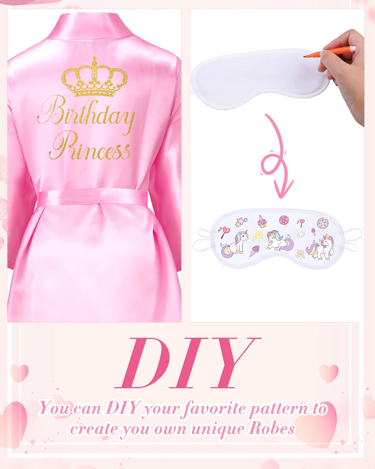 Jecery 22 Pcs Spa Party Supplies 5 Spa Party Robes Satin Sleepover Party Robes 5 Blindfold 12 Pens DIY Slumber Party