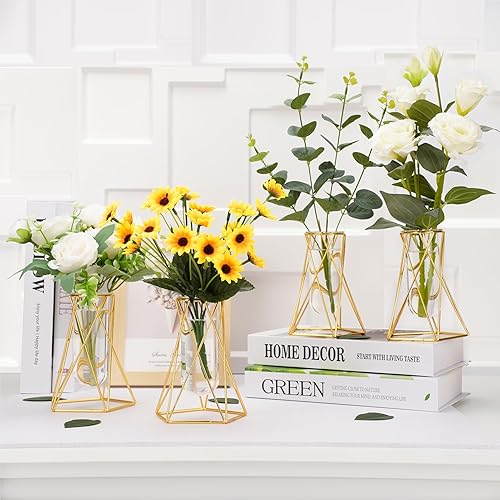 Grensuk 4 jarrones dorados para decoración del hogar, soporte de plantas de aire, jarrón de flores, tubo de prueba de vidrio, jarrones eométricos
