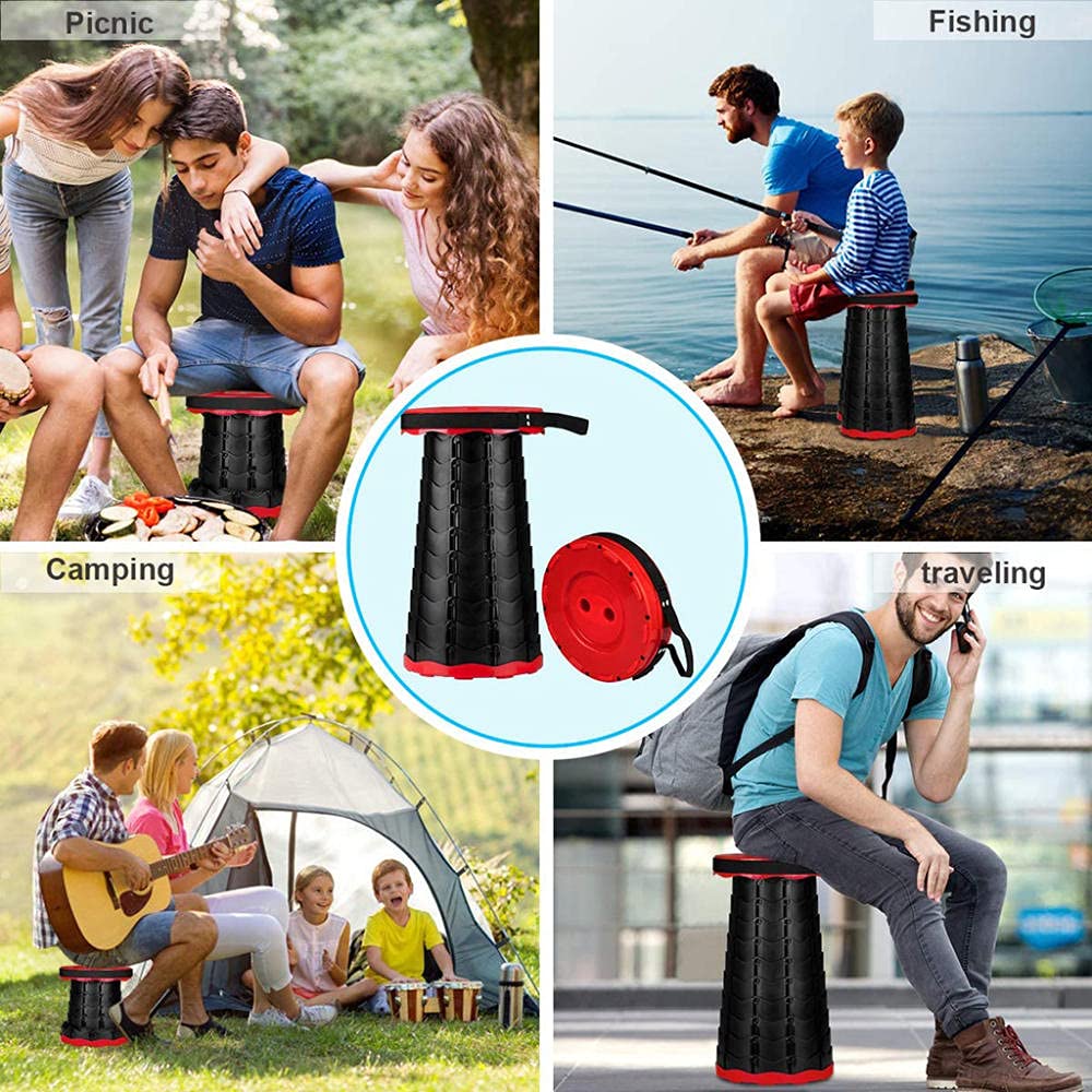Tragbarer Klapphocker, Mini Teleskophocker Leichte Campinghocker,Tragfähigkeit 150kg, Teleskophocker Höhenverstellbar für Outdoor-Camping Reisen Picknick Garten -schwarz Super