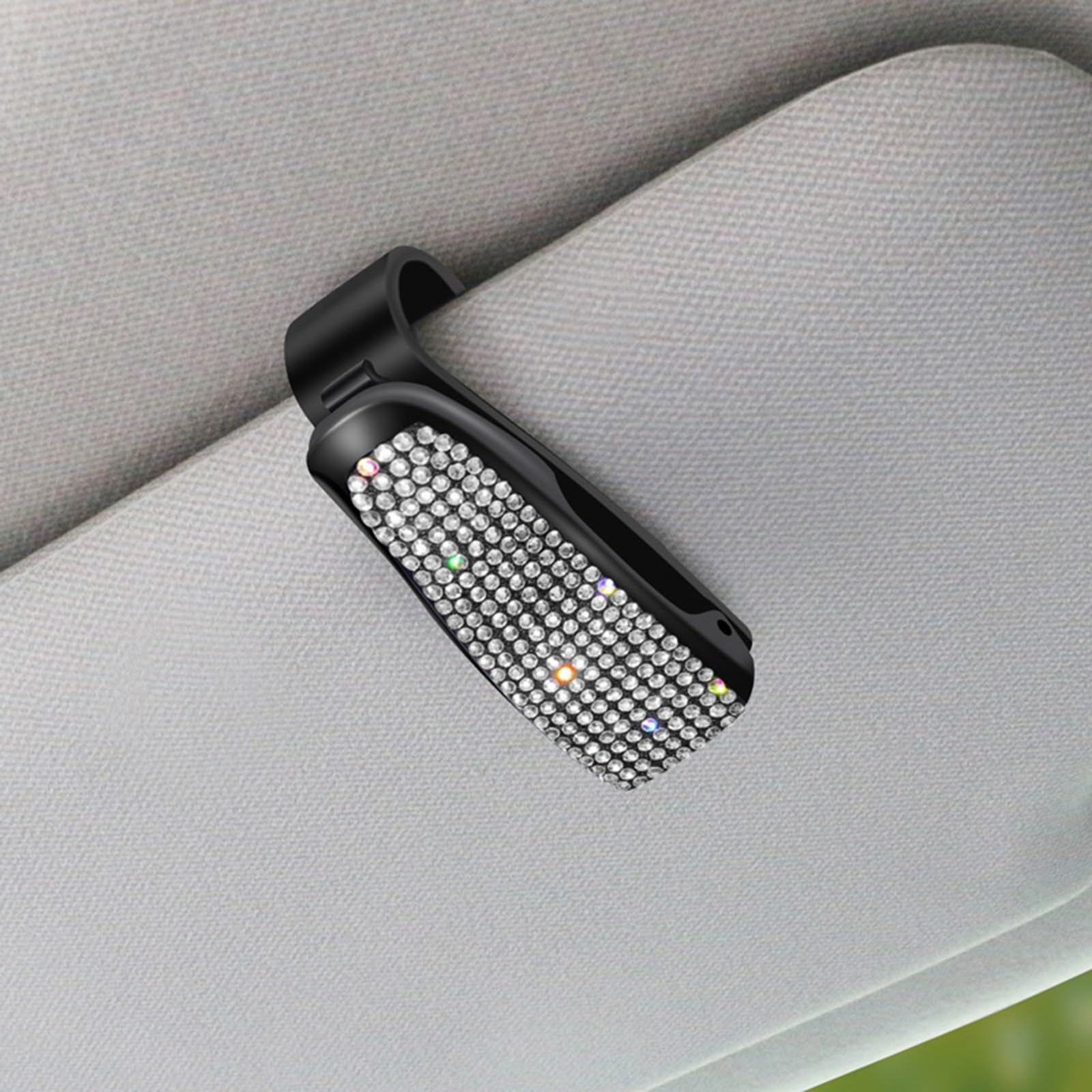 ZYSYBling Sunglasses Holder for Car Sun Visor, Crystal Rhinestones Eyeglasses Hanger Mount with Ticket Card Clip, Universal Vehicle Visor Decor Accessories for Women (White)
