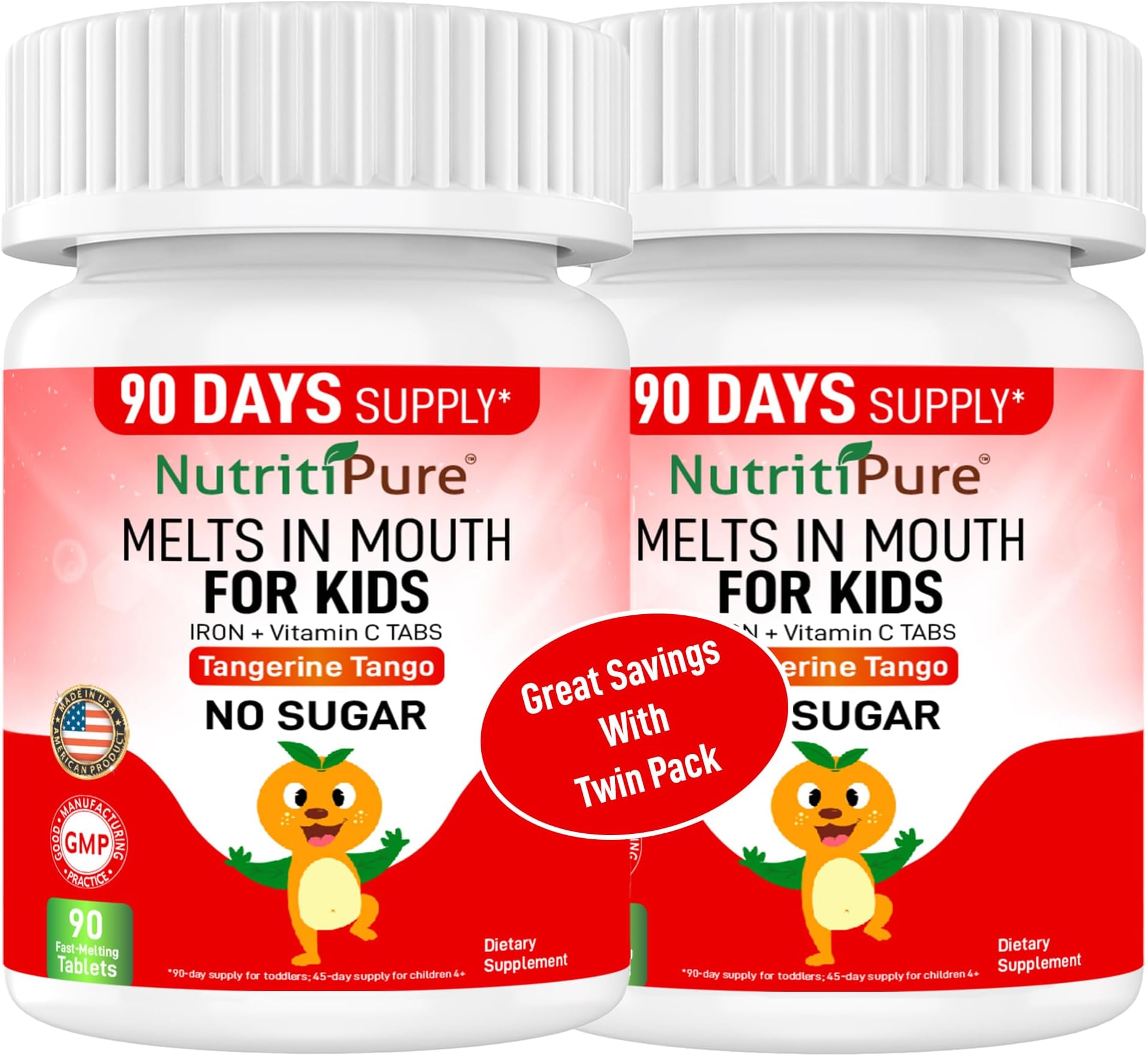 Kids Chewable Iron Supplement (Ferronyl®/Carbonyl Iron 9 mg with Vitamin C 30 mg) Tablet in Tangerine Tango Orange Flavor 90 Count (2 Bottles)