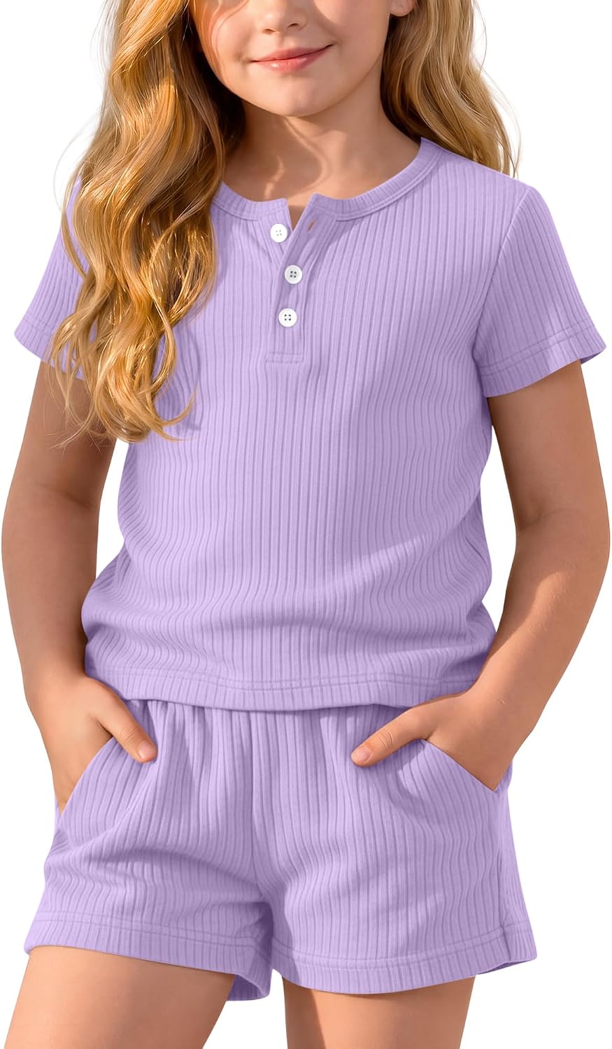 Girl 2 Piece Summer Outfits Sets Short Sleeve Top and Shorts 5-14Y | 90% Cotton, Henley Ribbed, With Pockets, Casual Clothing, School Wear, Outdoor Activities