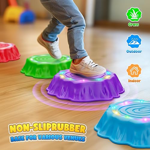 Miniatura 3 de Flooyes Stepping Stones para niños, 6 piezas de piedras antideslizantes con luz y música, juguete sensorial para habilidades de equilibrio y
