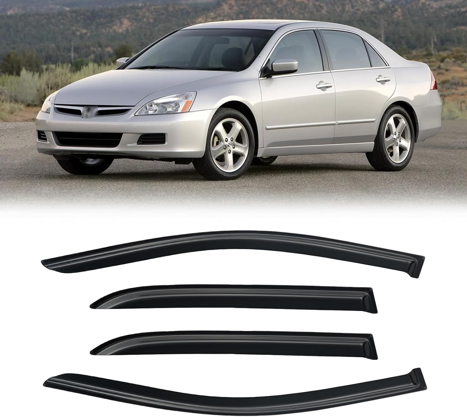window visor for 2003-2007 honda accord, out-channel rain guards shields vent deflector shade wind dark smoke 2004 2005 2006 03 04 05 06 07, tape-on outside-mount, 4pcs for 2003-2007 | honda accord | out-channel