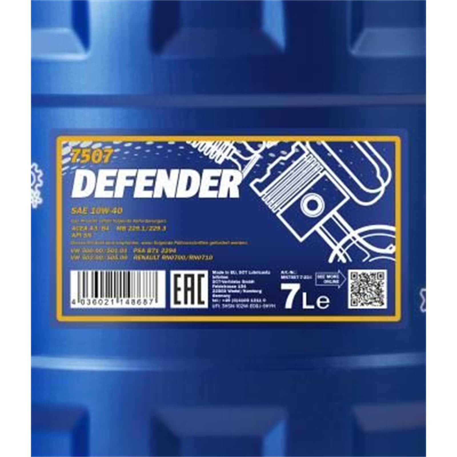 MANNOL Huile moteur Defender 10W-40 ACEA A3/B4 API SN 7 L Compatible avec VW Golf 7 3/5 portes 5G1, BQ1, BE1, BE2 Golf 4 3/5 portes 1J1 Golf 5 3/5 portes 1K1 Golf 6 3/5 portes 5K1