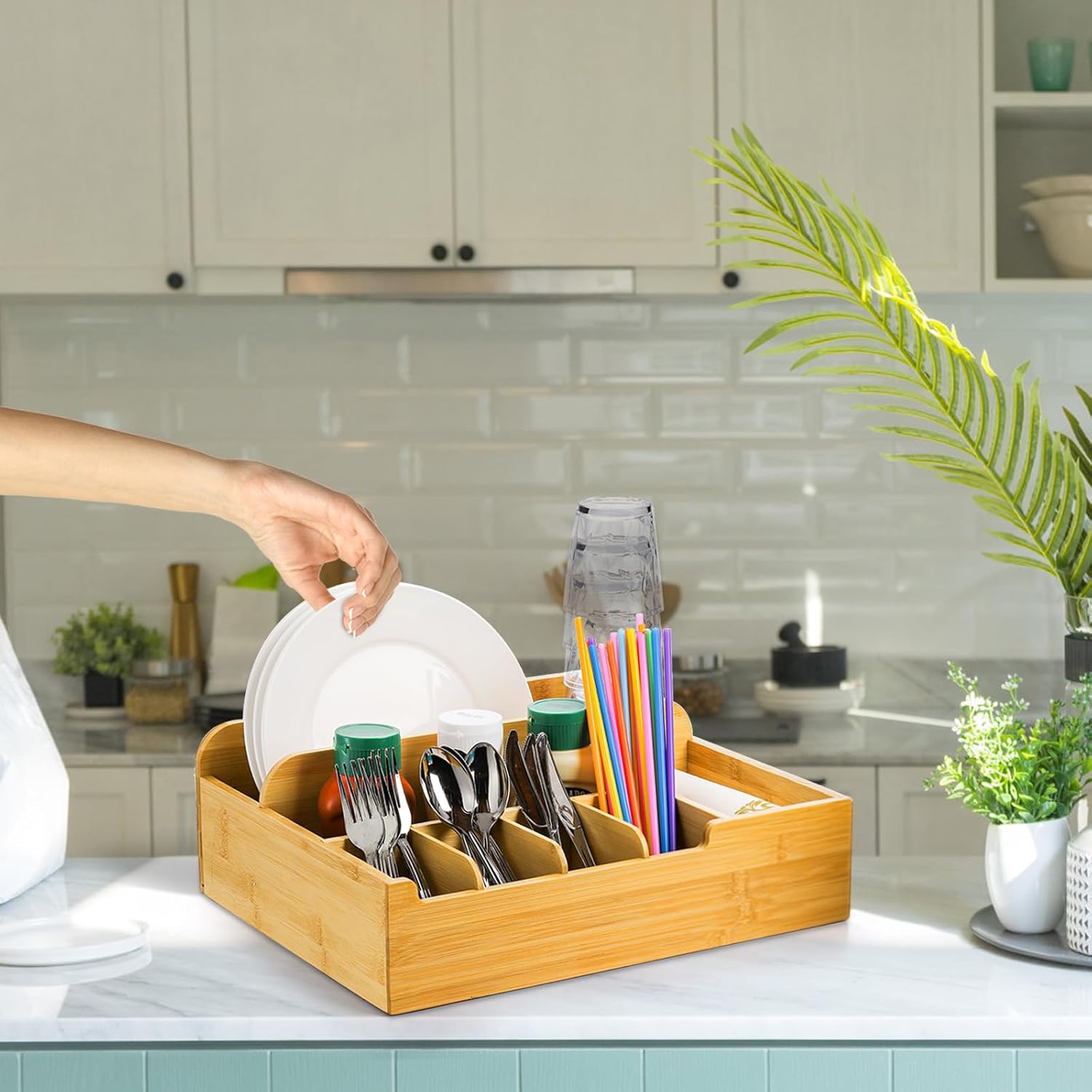 Frcctre Bamboo Utensil Caddy Organizer, 8 Compartments Large Paper Plate Holder, Adjustable Utensil Holder Silverware Cutlery Organizer for Plate Cup Fork Spoon Napkin, 16" L x 13" W x 5.5" H