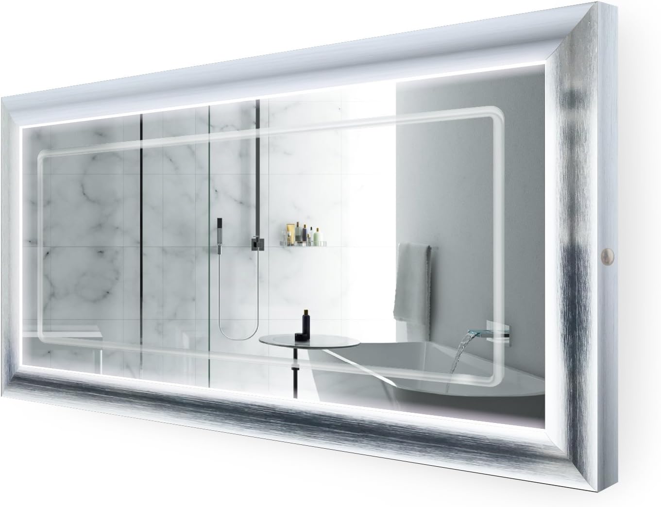 Krugg LED Lighted 60 Inch x 30 Inch Bathroom Satin Silver Framed Mirror w/Defogger