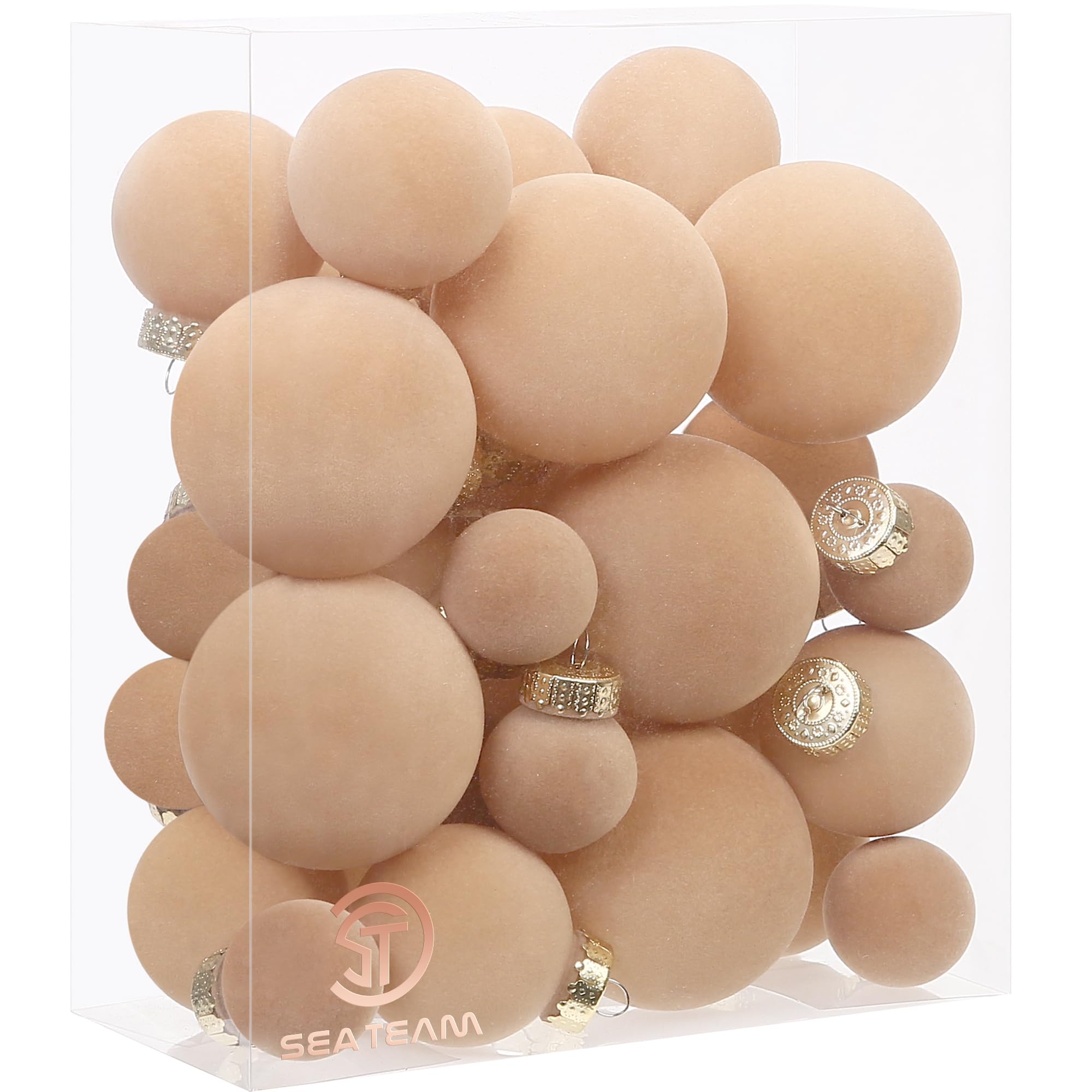Sea Team 32 Boules Noël Velours incassables multitaille Blanc | Boules en velours floqué incassable, parfaites pour sapin, couronne, guirlande. Idéales pour Noël, mariage, fête.