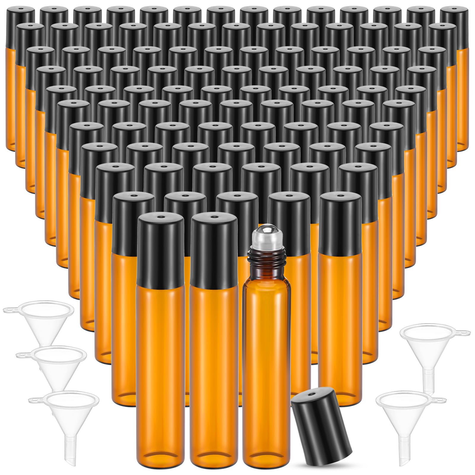 mekueeex 100 Pcs Essential Oil Roller Bottles 10ml Empty Glass Roller Bottles with Stainless Steel Balls Protection Leakproof with 5 Funnel for Travel
