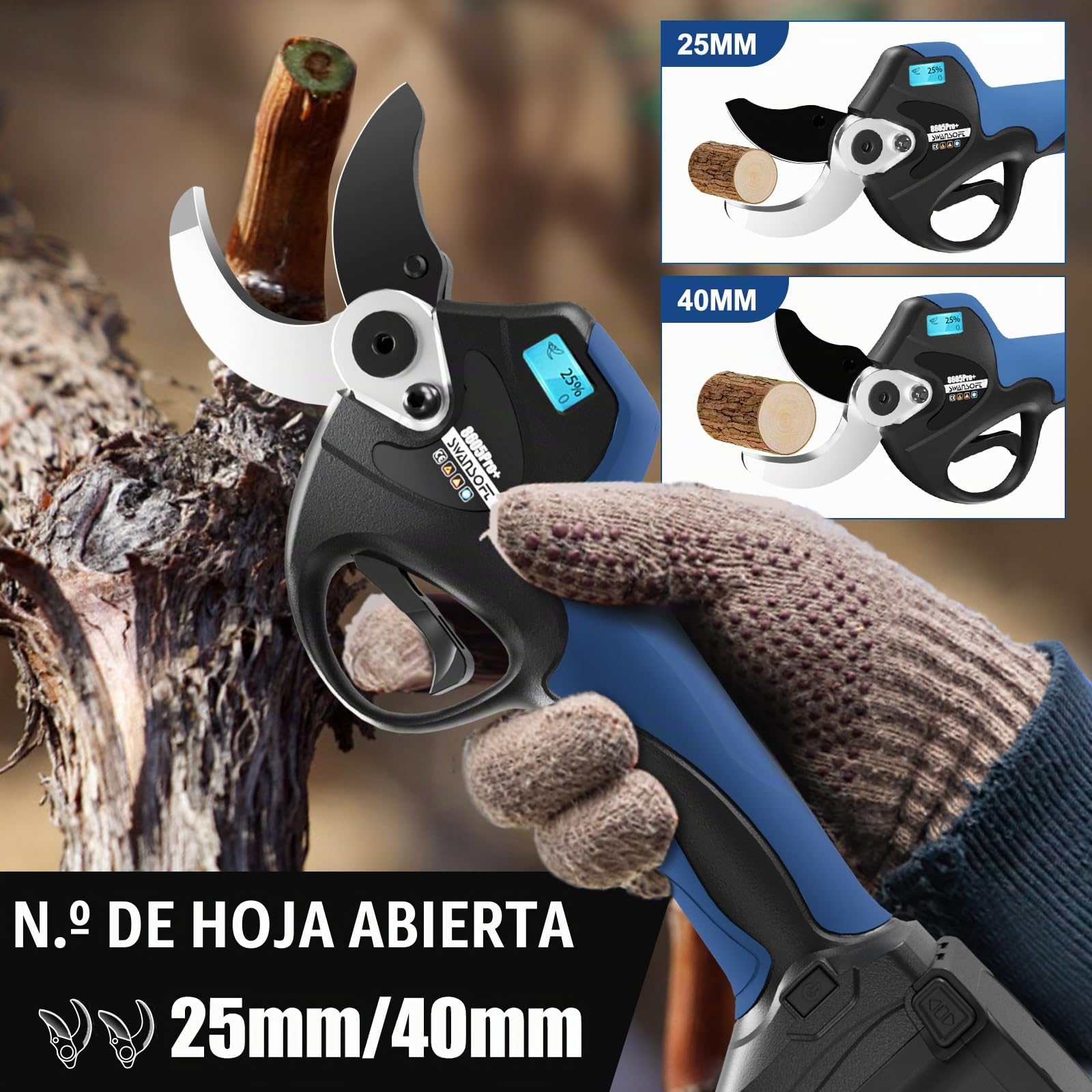 SWANSOFT 8605PRO Tijeras de Podar Electricas 40mm, 21V 2x4Ah 1050W Tijera de Poda a Batería con LCD para Olivar, Viñedos y Huertos