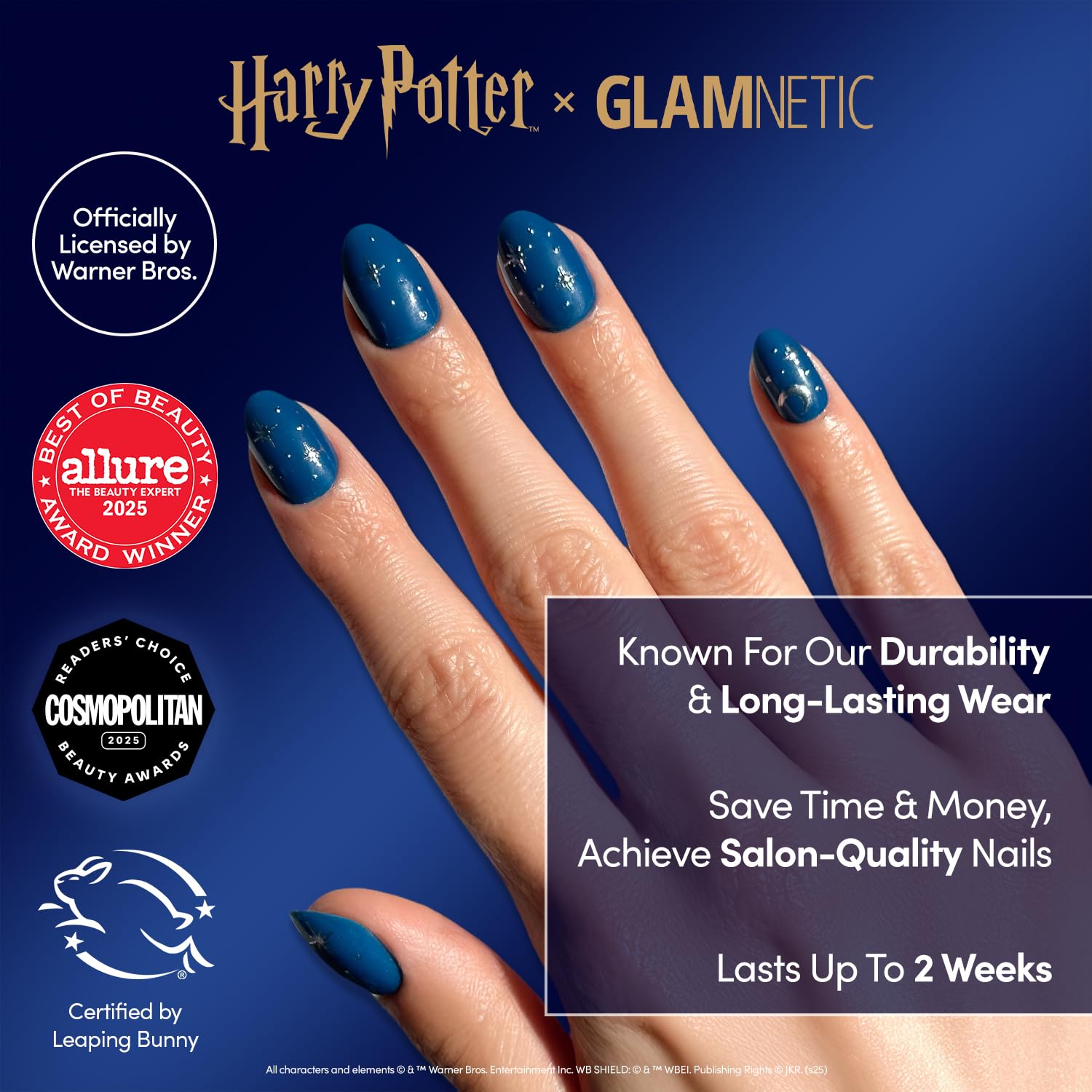 Harry Potter™ x Glamnetic Press On Nails - Luna Lovegood™ | Blue Moon & Star Celestial 3D Graphic Short Oval Fake Nails in a Glossy Finish | 15 Sizes - 30 Nail Kit with Glue