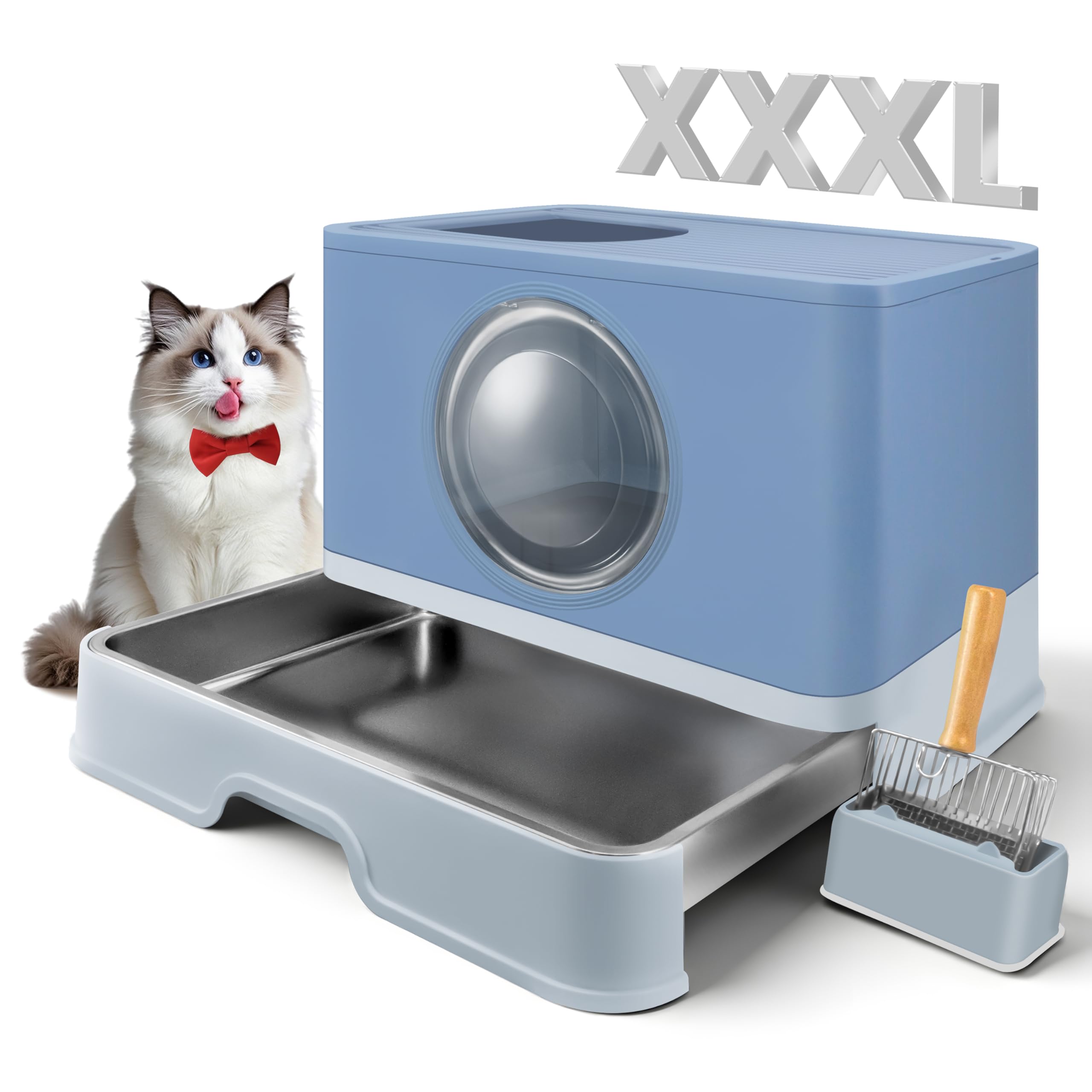 XXXL Stainless Steel Litter Box with Lid, Front Entry Top Exit, Extra Large Metal Cat Litter Box with Drawer, Maine Coon Cats, with Litter Scoop & Litter Mat, Anti-Odor, Anti-Leakage & Non-Stick