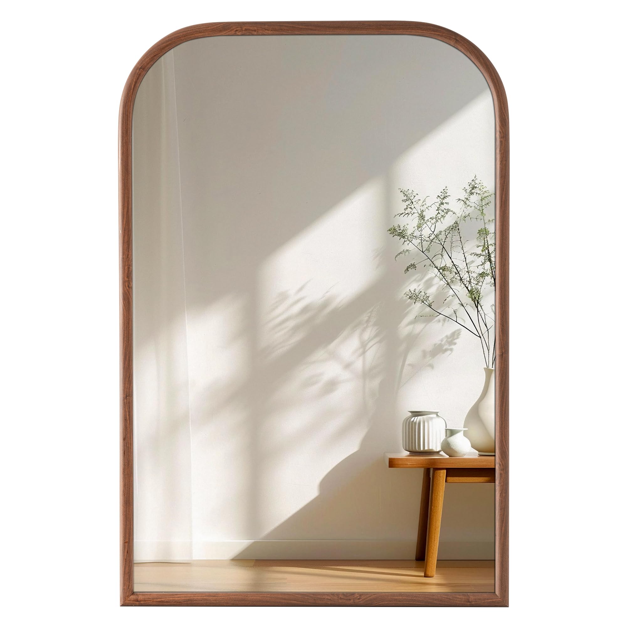 24"x36" Arch Wall Mirror for Wall, Wall Mounted Vanity Wood Mirror for Bedroom, Wood Mirror with Tempered Glass, Vintage Decorative for Bathroom, Entryway, Living Room, Hanging or Leaning, Walnut
