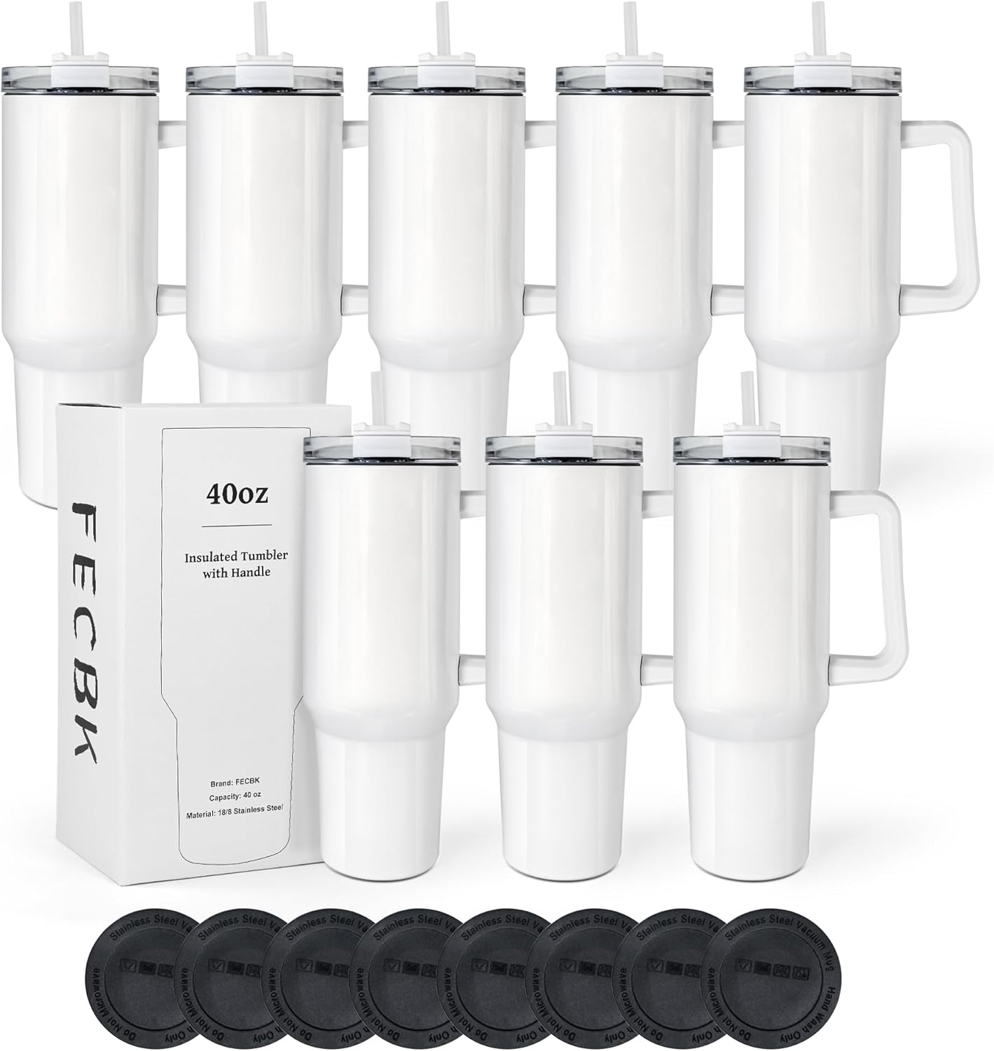 40 oz Sublimation Tumbler with Handle and Straw Keeps Cold for 34 Hours 8 Pack Stainless Steel Double Wall Vacuum Insulated Travel Mug Cup Tumblers Bulk Sublimation Blank White