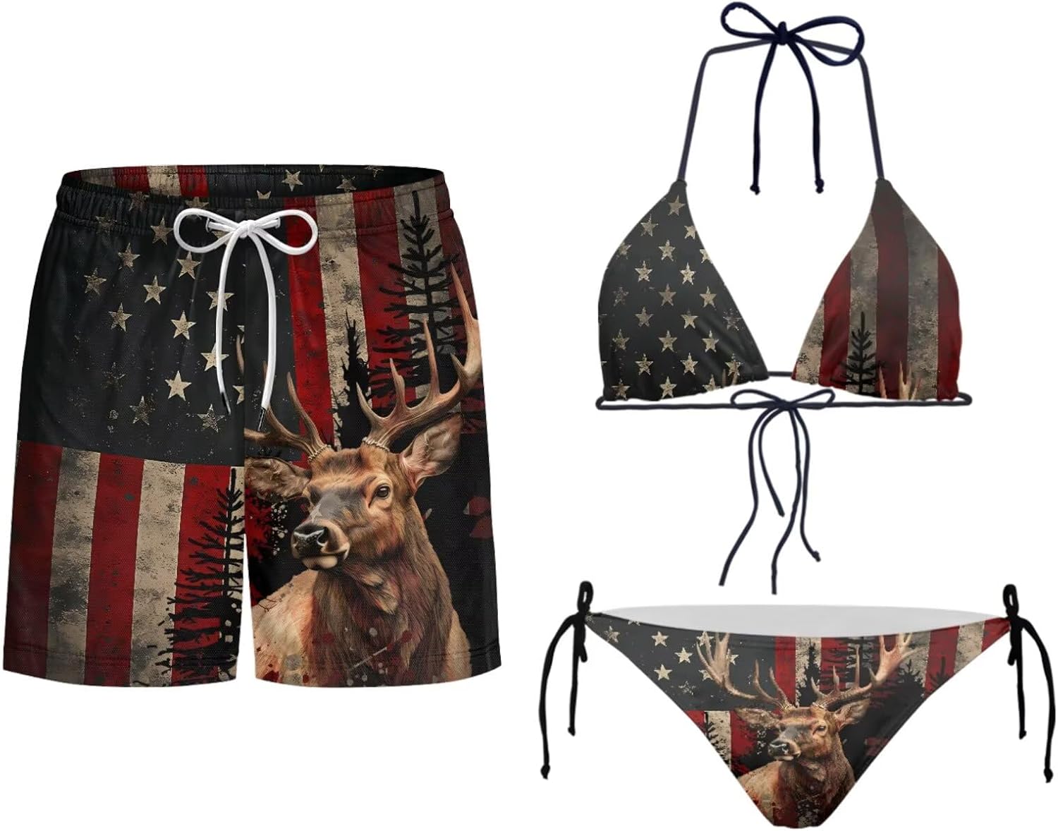 Howilath Flag Print Couples Swimsuits for Summer Quick Dry Board Shorts with Pockets Bikini Sets Women Summer Essential