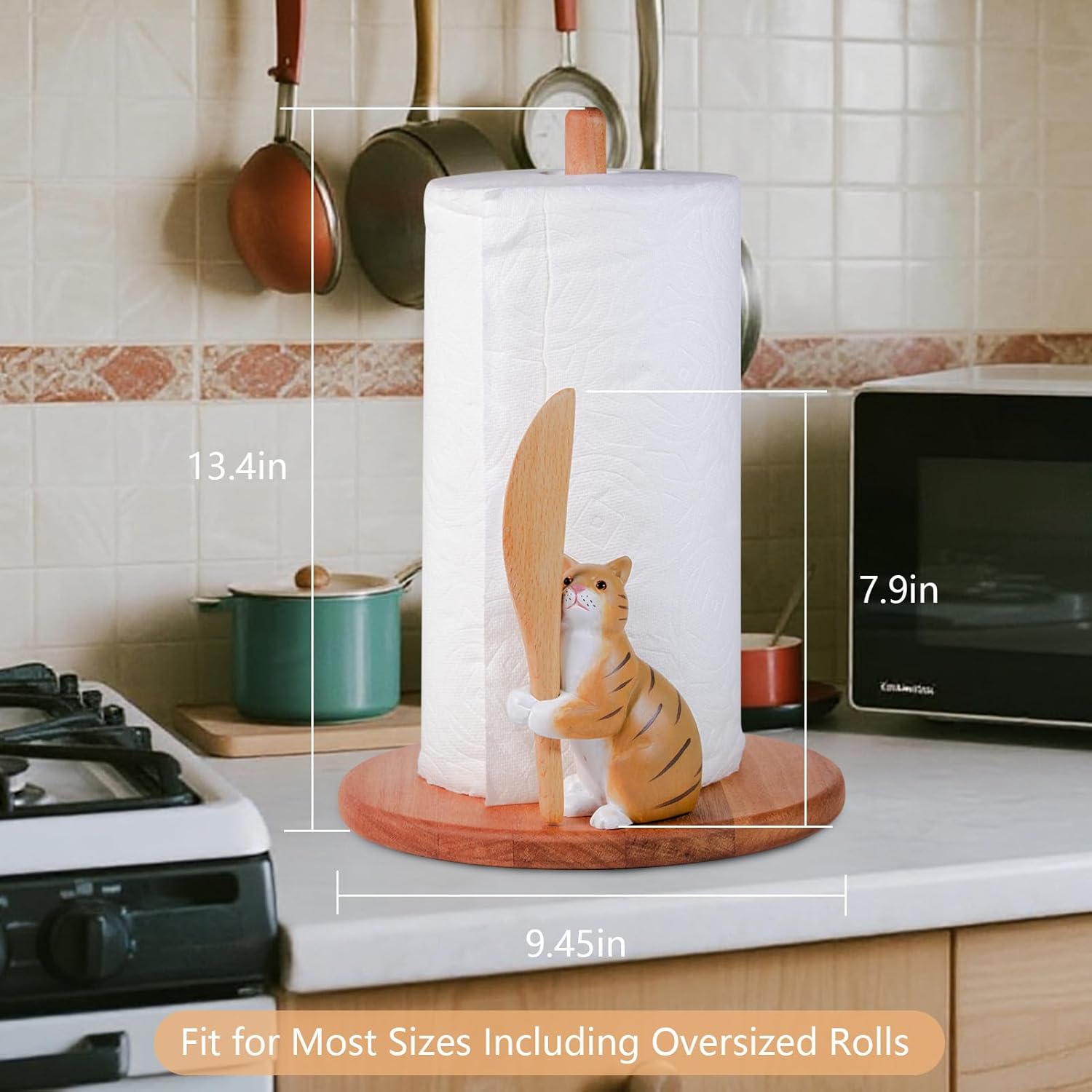 Cat Wooden Paper Towel Holder,9.5" Large Thicken Base Wood Kitchen Tissue Holder, Freestanding Paper Towel Holders, Suitable for Farmhouse, Kitchen Countertop Decorative Paper Towel Holder (cat)