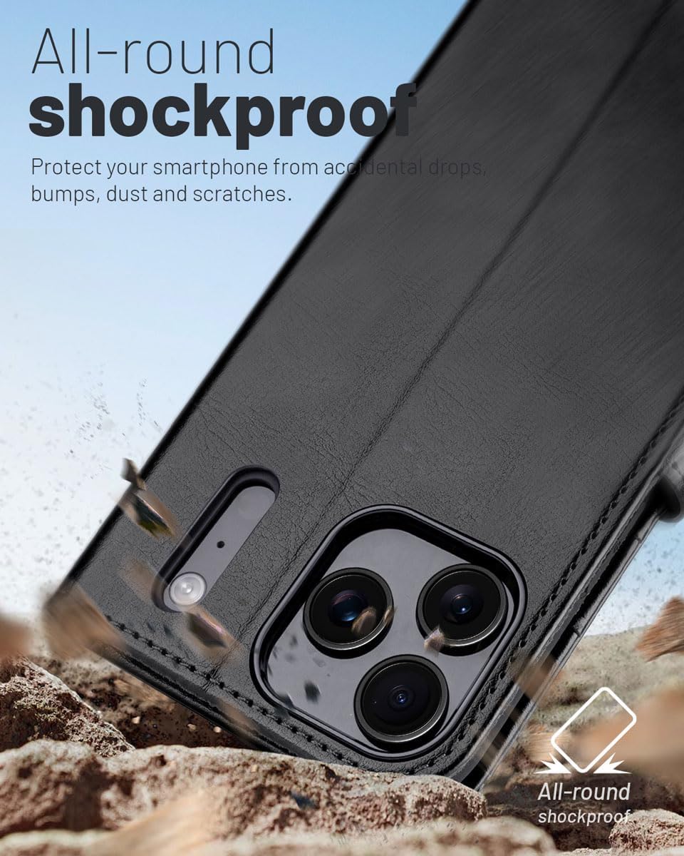 OCASE Compatible with iPhone 17 Pro Wallet Case, PU Leather Flip Folio Case with Card Holders RFID Blocking Kickstand [Shockproof TPU Inner Shell] Phone Cover 6.3 Inch 2025, Black